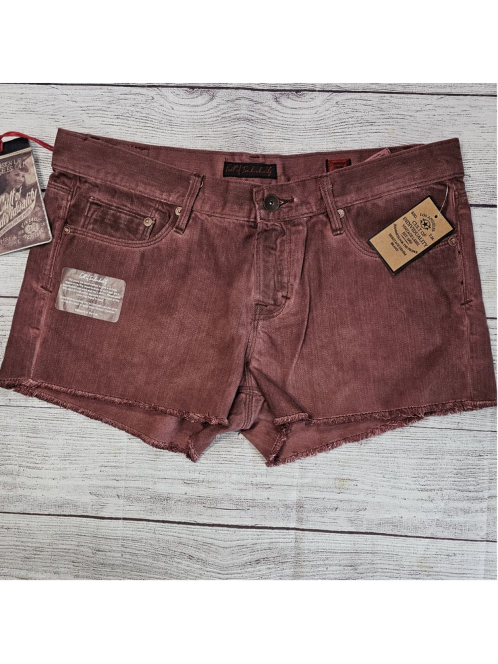 NWT Cult of Individuality maroon/burgundy shorts, frayed edge, sz 28